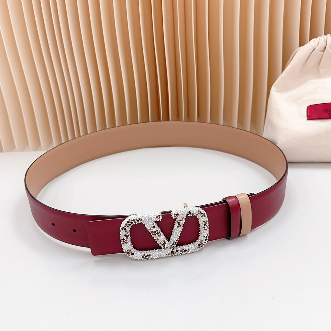 Vlogo Brown Black White Stone Silver Buckle Belt 40mm Wine Beige Leather - 30