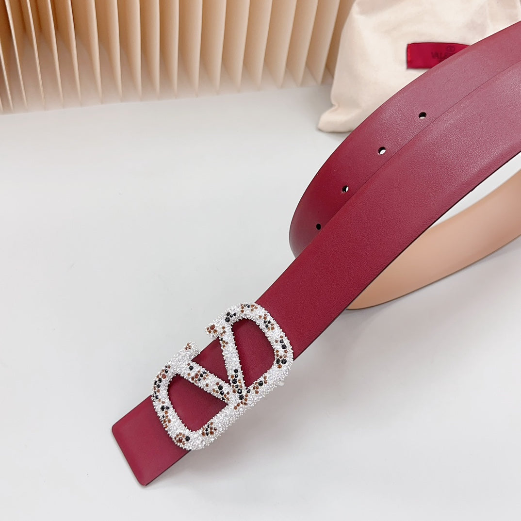 Vlogo Brown Black White Stone Silver Buckle Belt 40mm Wine Beige Leather - 30