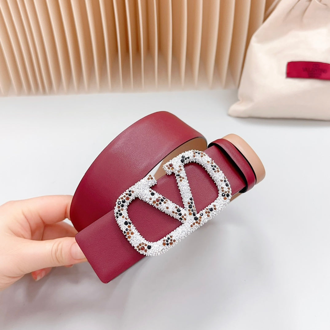 Vlogo Brown Black White Stone Silver Buckle Belt 40mm Wine Beige Leather - 30