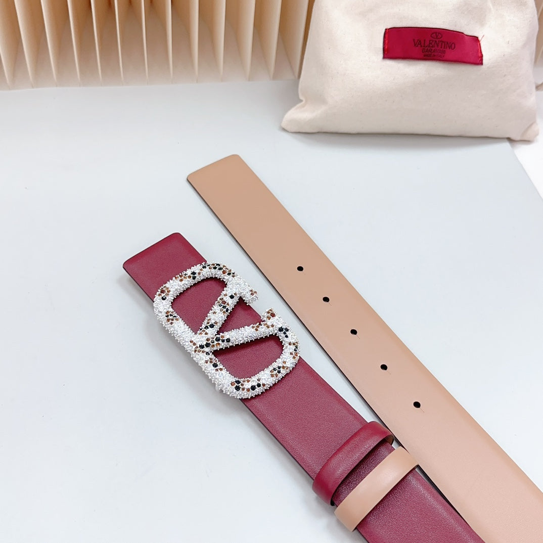 Vlogo Brown Black White Stone Silver Buckle Belt 40mm Wine Beige Leather - 30