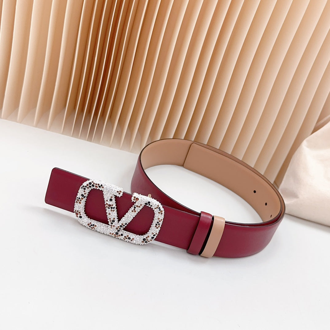 Vlogo Brown Black White Stone Silver Buckle Belt 40mm Wine Beige Leather - 30