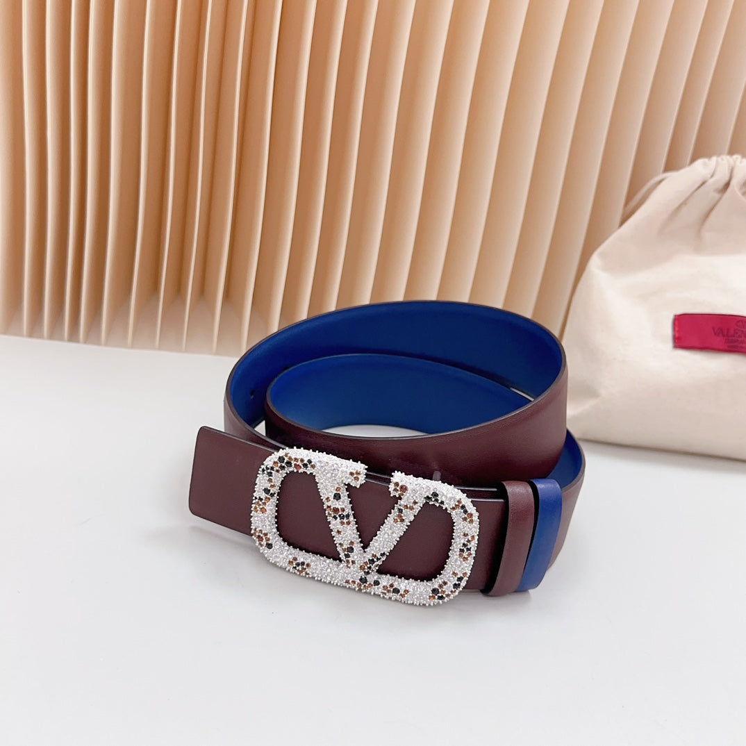 Vlogo Brown Black White Stone Silver Buckle Belt 40mm Chocolate Blue Leather - 30