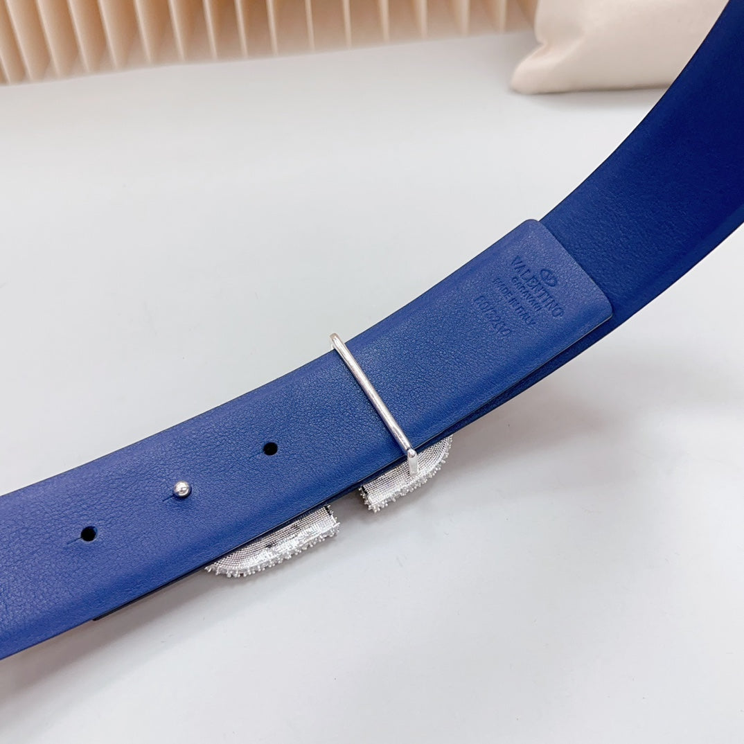 Vlogo Brown Black White Stone Silver Buckle Belt 40mm Chocolate Blue Leather - 30