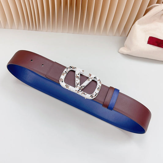 Vlogo Brown Black White Stone Silver Buckle Belt 40mm Chocolate Blue Leather - 30