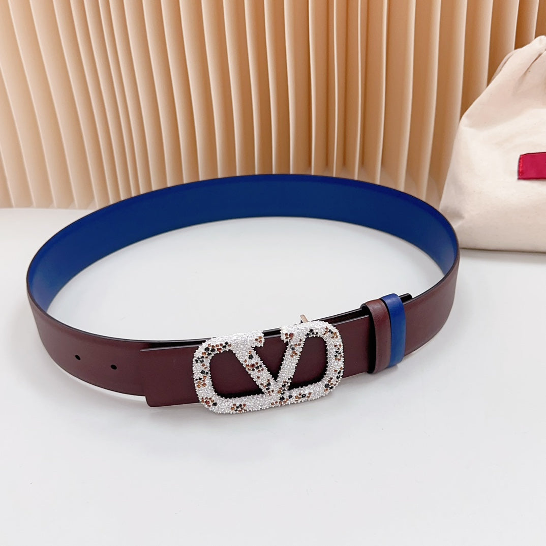Vlogo Brown Black White Stone Silver Buckle Belt 40mm Chocolate Blue Leather - 30