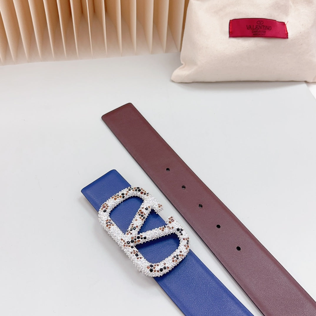 Vlogo Brown Black White Stone Silver Buckle Belt 40mm Chocolate Blue Leather - 30
