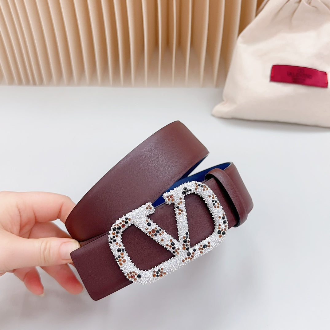 Vlogo Brown Black White Stone Silver Buckle Belt 40mm Chocolate Blue Leather - 30