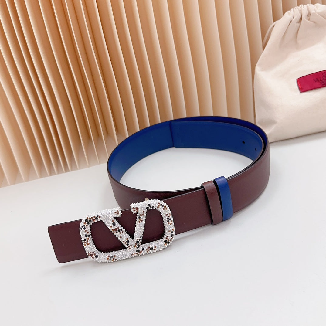 Vlogo Brown Black White Stone Silver Buckle Belt 40mm Chocolate Blue Leather - 30