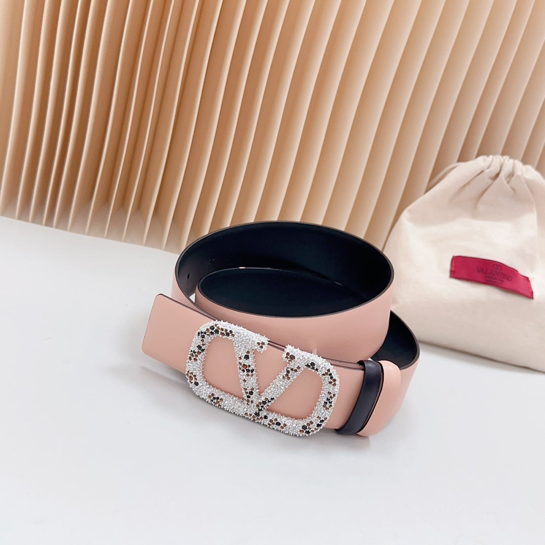 Vlogo Brown Black White Stone Silver Buckle Belt 40mm Black Light Pink Leather - 30