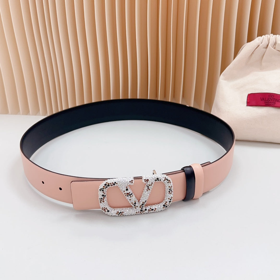 Vlogo Brown Black White Stone Silver Buckle Belt 40mm Black Light Pink Leather - 30