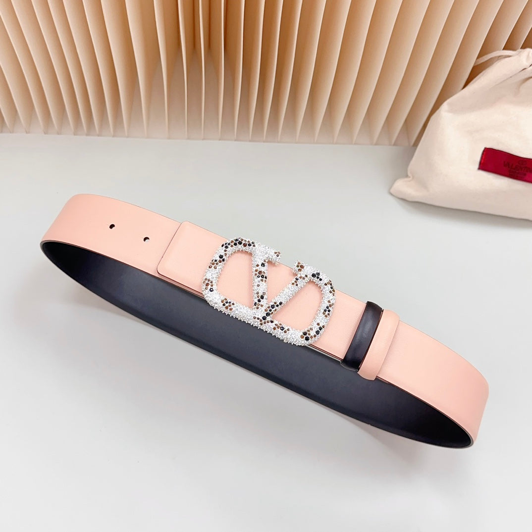 Vlogo Brown Black White Stone Silver Buckle Belt 40mm Black Light Pink Leather - 30
