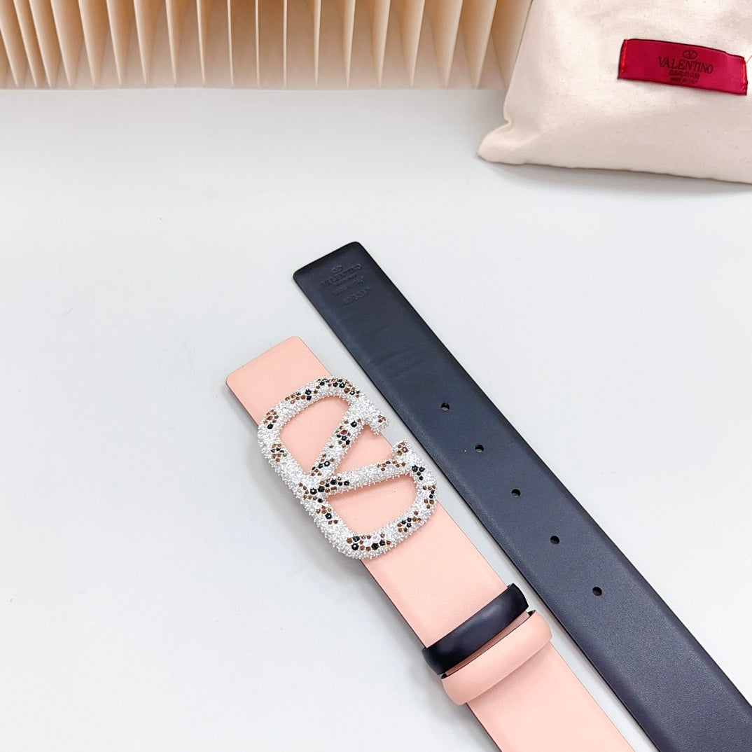 Vlogo Brown Black White Stone Silver Buckle Belt 40mm Black Light Pink Leather - 30