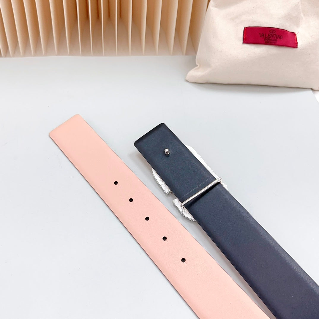 Vlogo Brown Black White Stone Silver Buckle Belt 40mm Black Light Pink Leather - 30