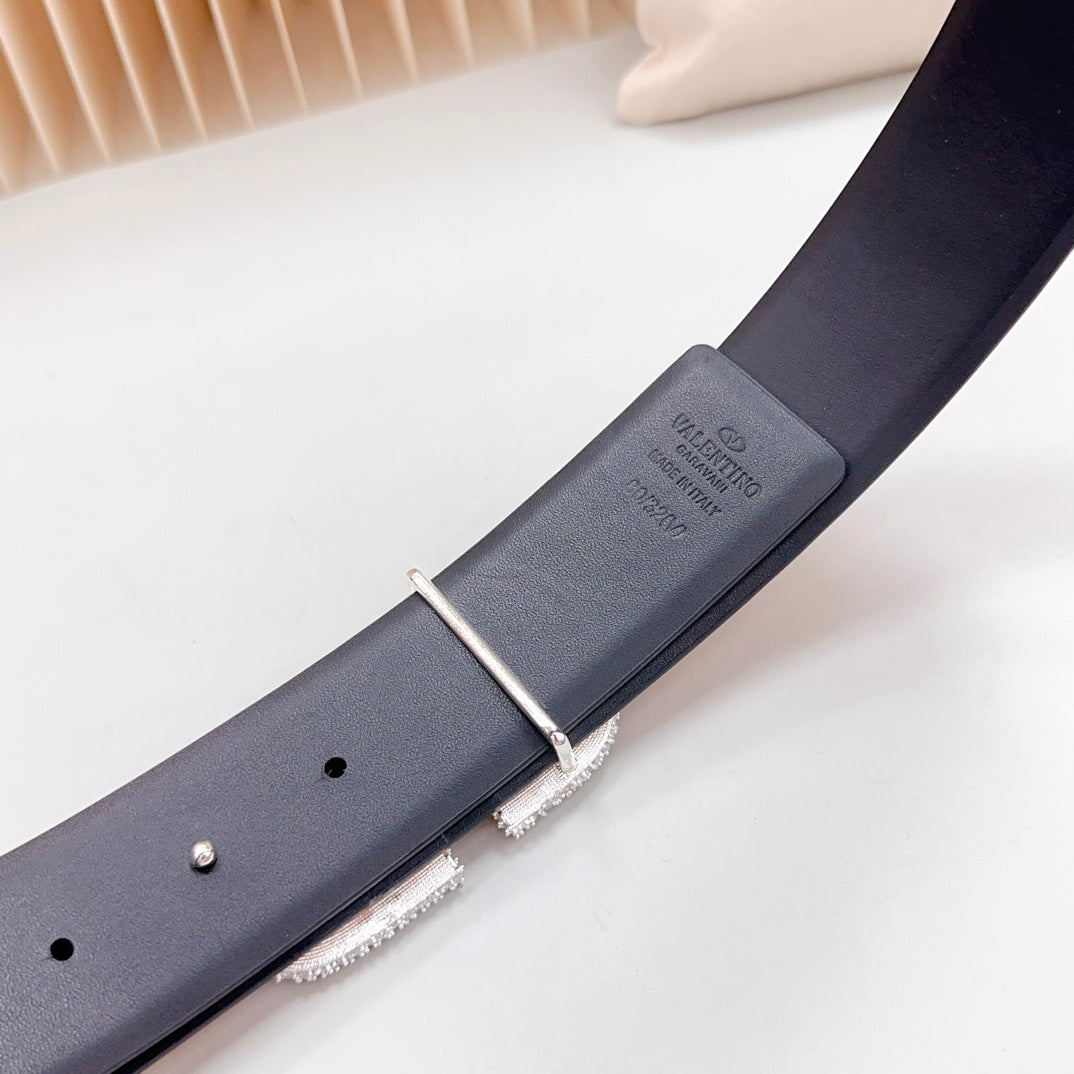 Vlogo Brown Black White Stone Silver Buckle Belt 40mm Black Light Pink Leather - 30