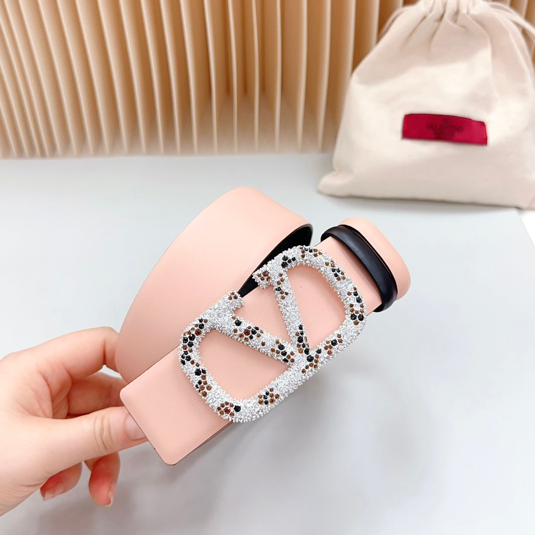 Vlogo Brown Black White Stone Silver Buckle Belt 40mm Black Light Pink Leather - 30