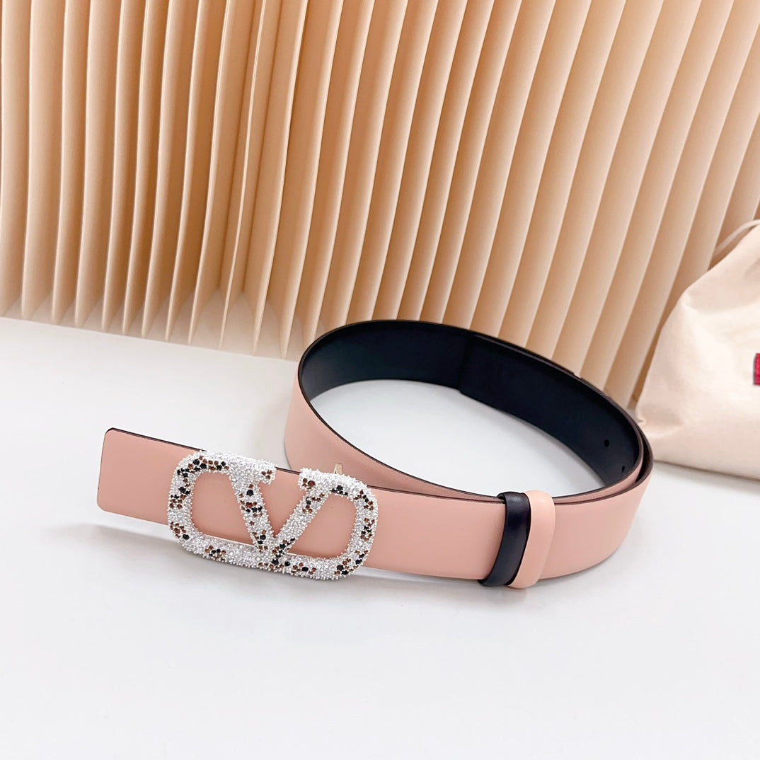 Vlogo Brown Black White Stone Silver Buckle Belt 40mm Black Light Pink Leather - 30