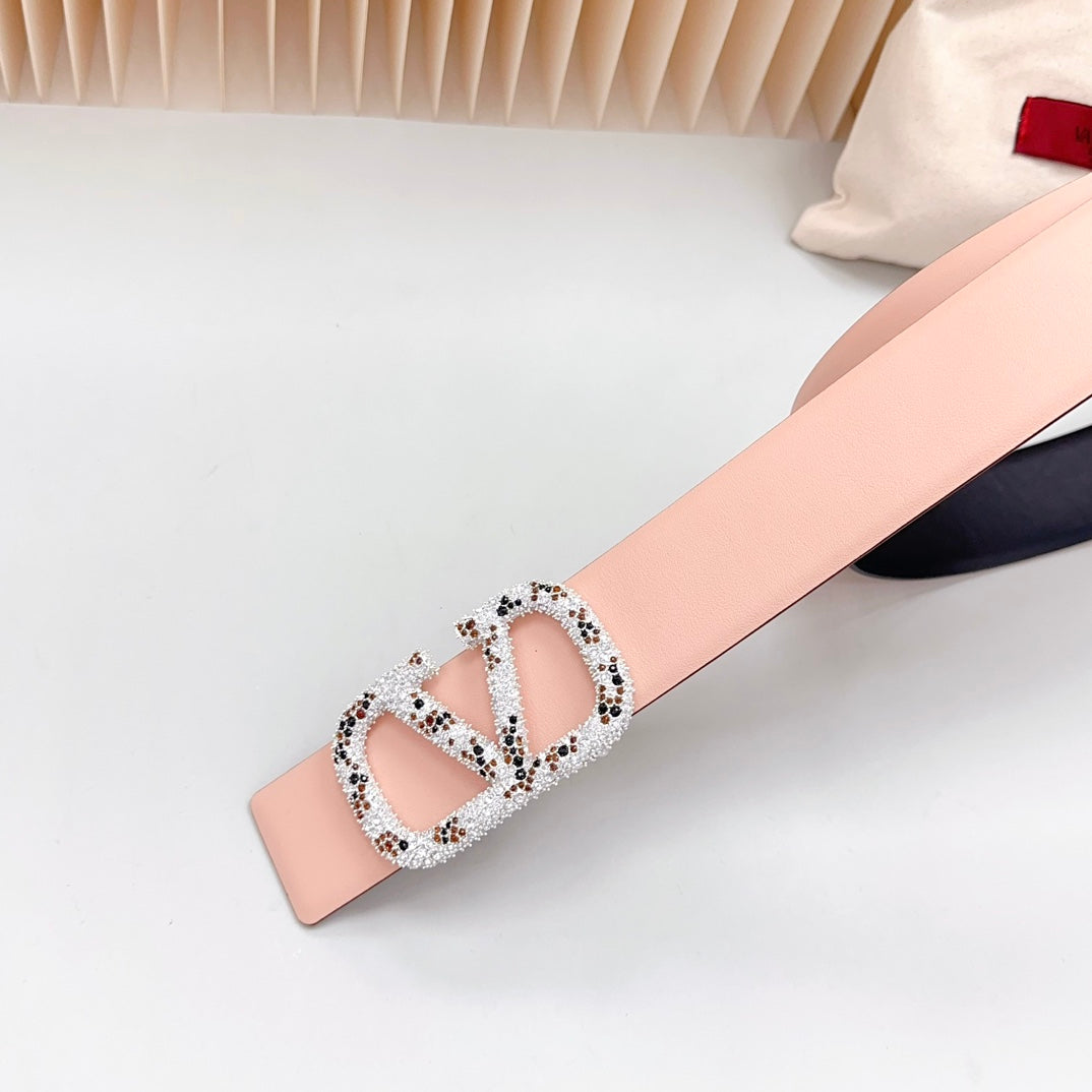 Vlogo Brown Black White Stone Silver Buckle Belt 40mm Black Light Pink Leather - 30