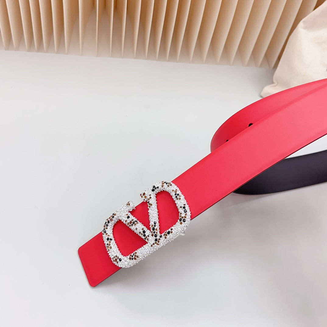 Vlogo Brown Black White Stone Silver Buckle Belt 40mm Red Black Leather - 30