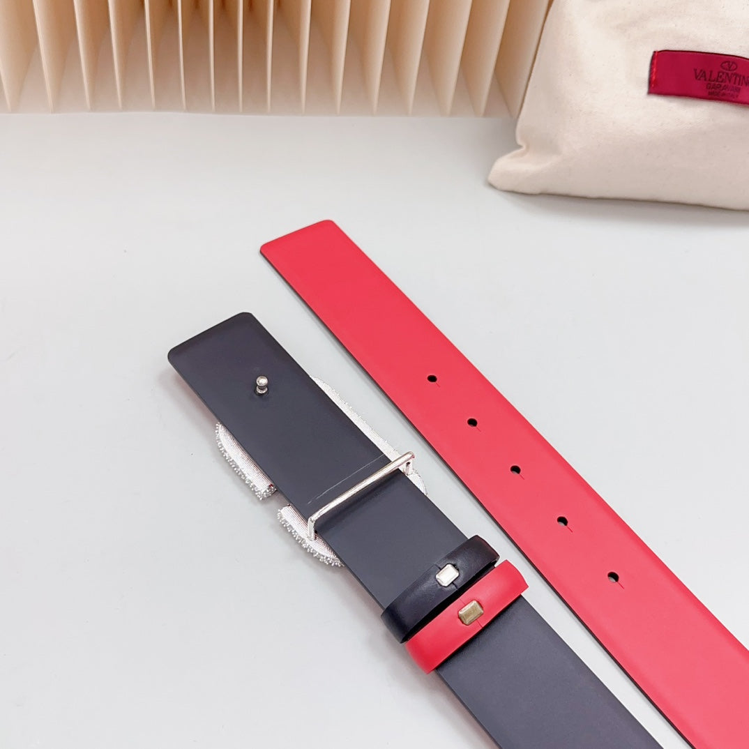 Vlogo Brown Black White Stone Silver Buckle Belt 40mm Red Black Leather - 30