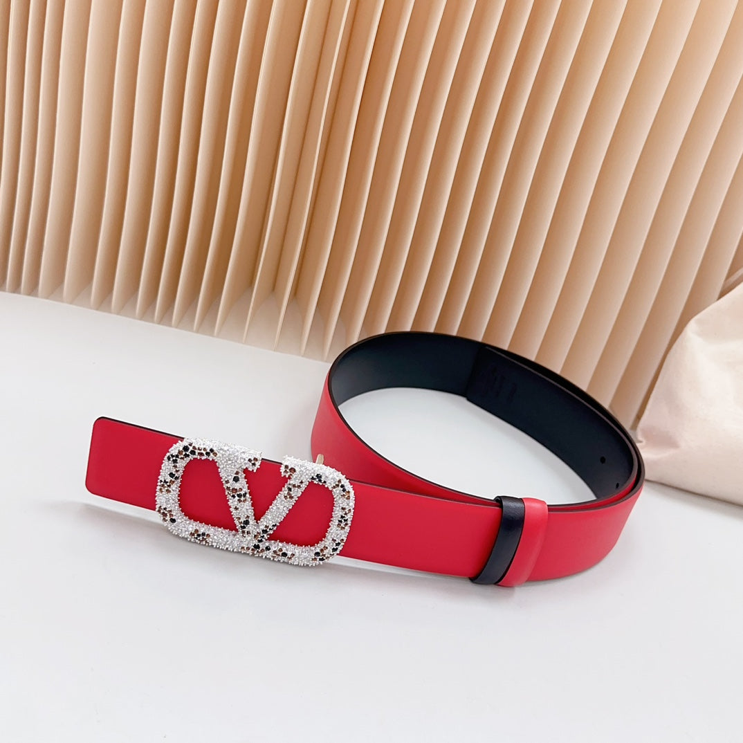 Vlogo Brown Black White Stone Silver Buckle Belt 40mm Red Black Leather - 30