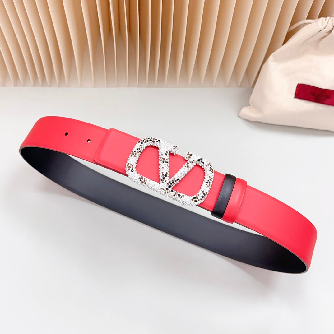 Vlogo Brown Black White Stone Silver Buckle Belt 40mm Red Black Leather - 30