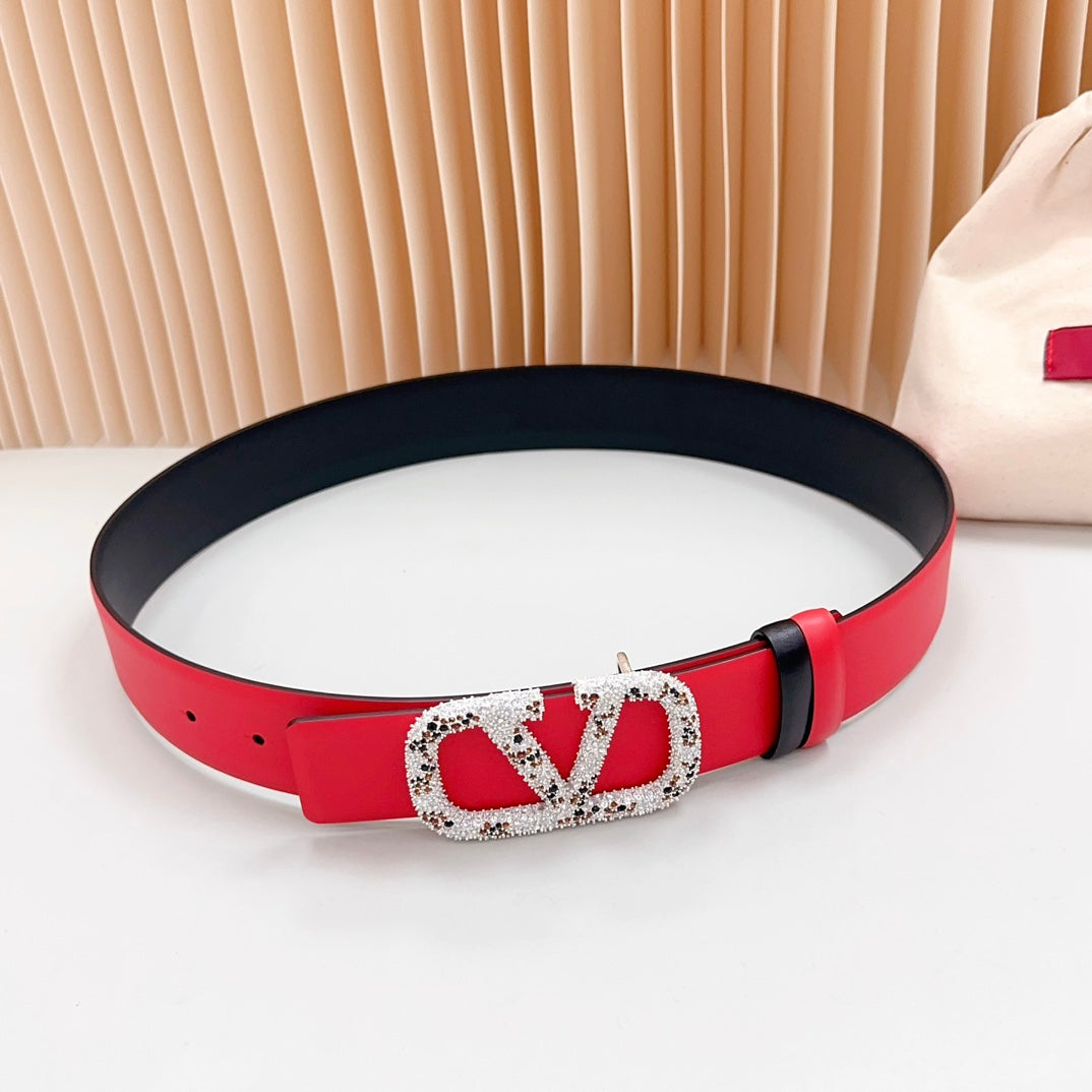 Vlogo Brown Black White Stone Silver Buckle Belt 40mm Red Black Leather - 30