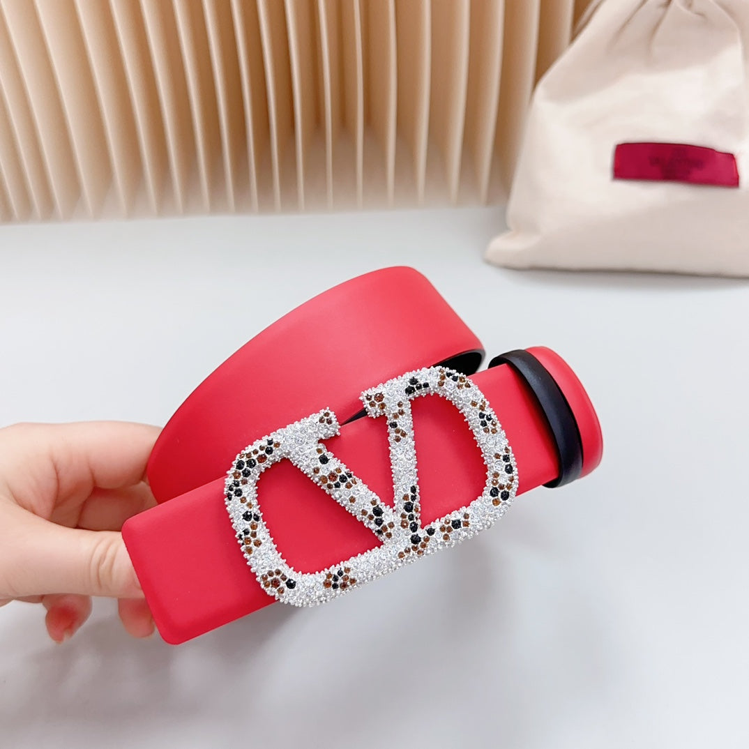 Vlogo Brown Black White Stone Silver Buckle Belt 40mm Red Black Leather - 30