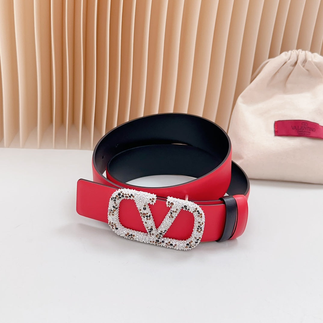 Vlogo Brown Black White Stone Silver Buckle Belt 40mm Red Black Leather - 30