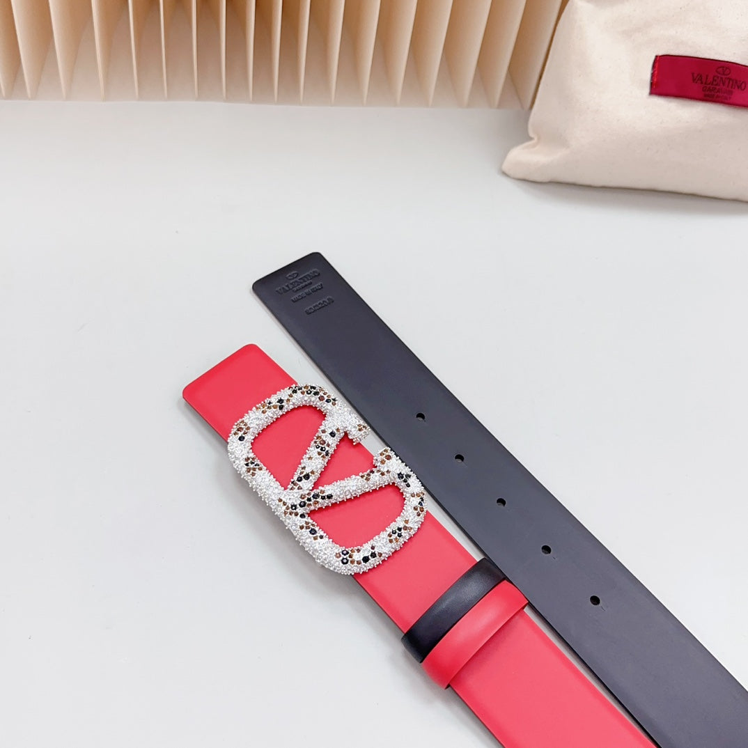 Vlogo Brown Black White Stone Silver Buckle Belt 40mm Red Black Leather - 30