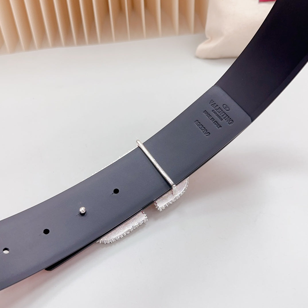 Vlogo Brown Black White Stone Silver Buckle Belt 40mm Red Black Leather - 30