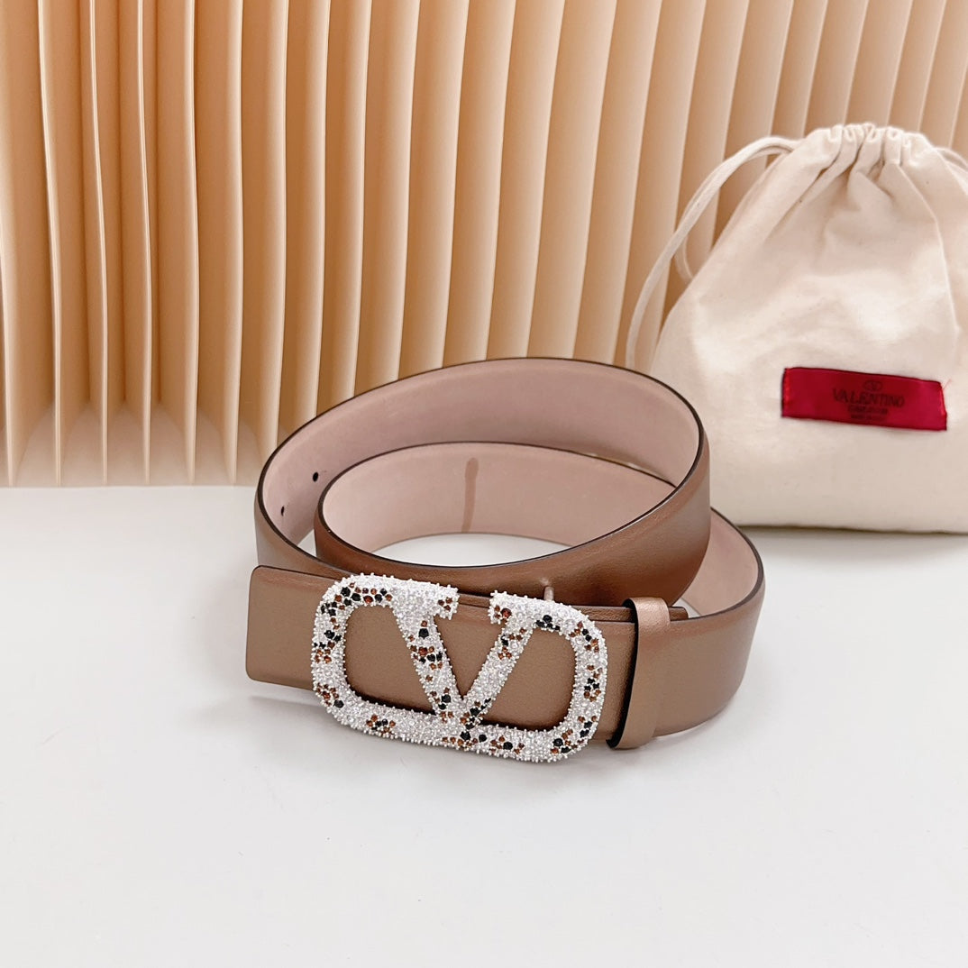 Vlogo Brown Black White Stone Silver Buckle Belt 40mm Brown Light Pink Leather - 30