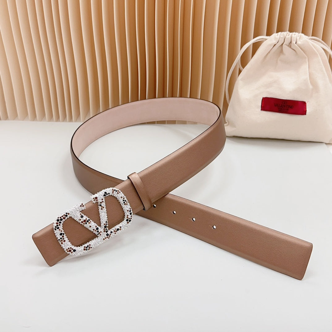 Vlogo Brown Black White Stone Silver Buckle Belt 40mm Brown Light Pink Leather - 30