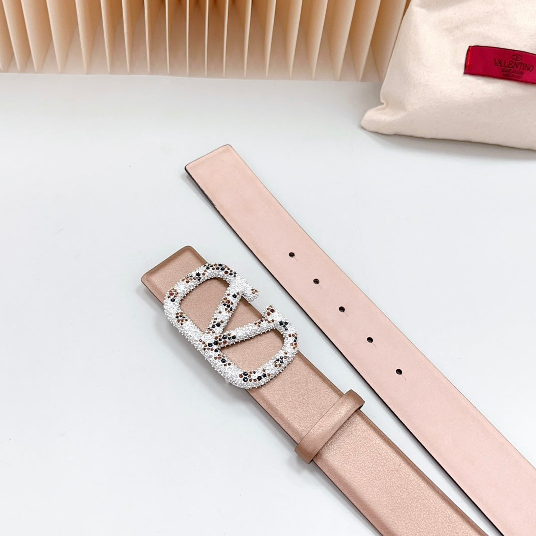 Vlogo Brown Black White Stone Silver Buckle Belt 40mm Brown Light Pink Leather - 30