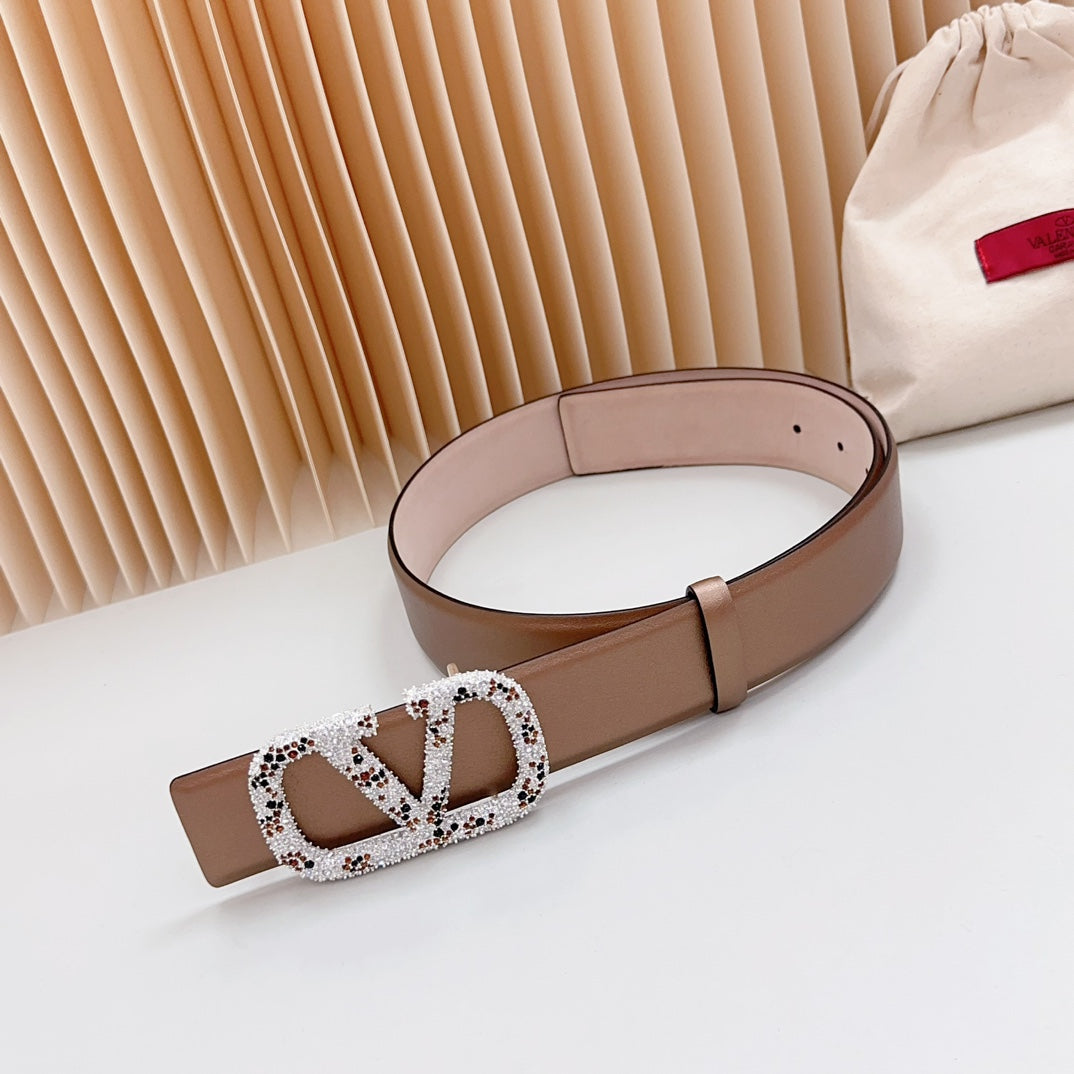 Vlogo Brown Black White Stone Silver Buckle Belt 40mm Brown Light Pink Leather - 30