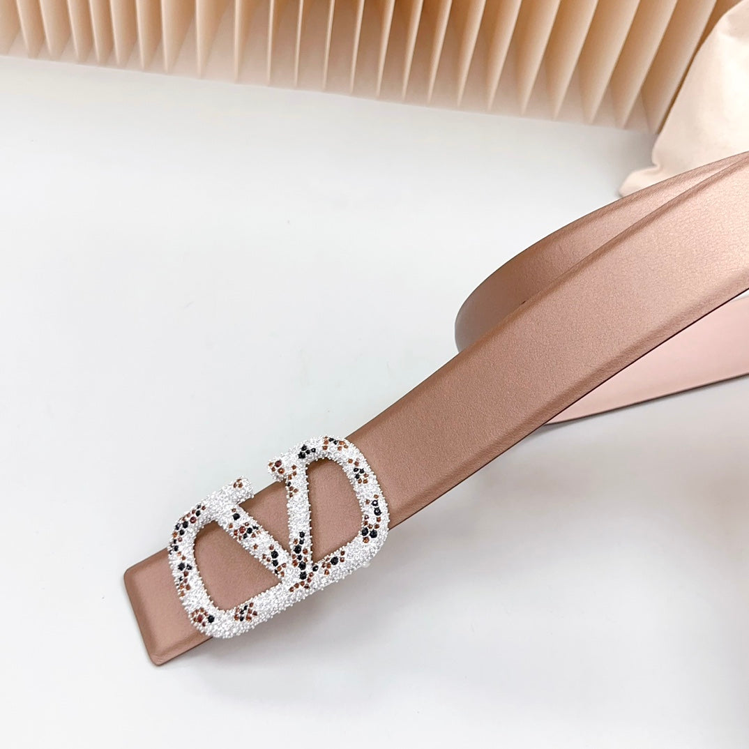 Vlogo Brown Black White Stone Silver Buckle Belt 40mm Brown Light Pink Leather - 30