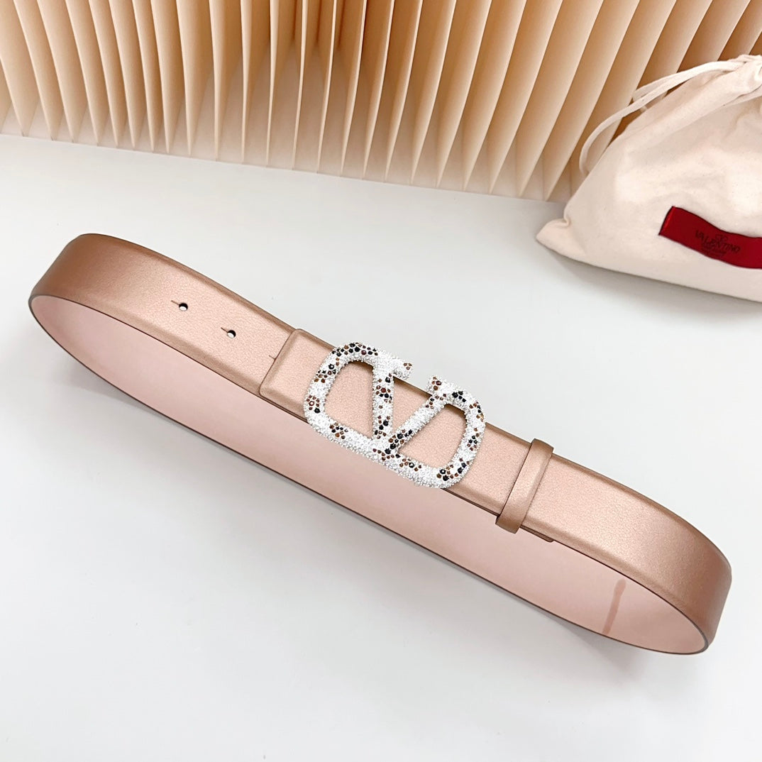 Vlogo Brown Black White Stone Silver Buckle Belt 40mm Brown Light Pink Leather - 30