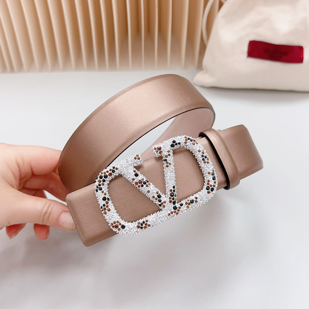 Vlogo Brown Black White Stone Silver Buckle Belt 40mm Brown Light Pink Leather - 30