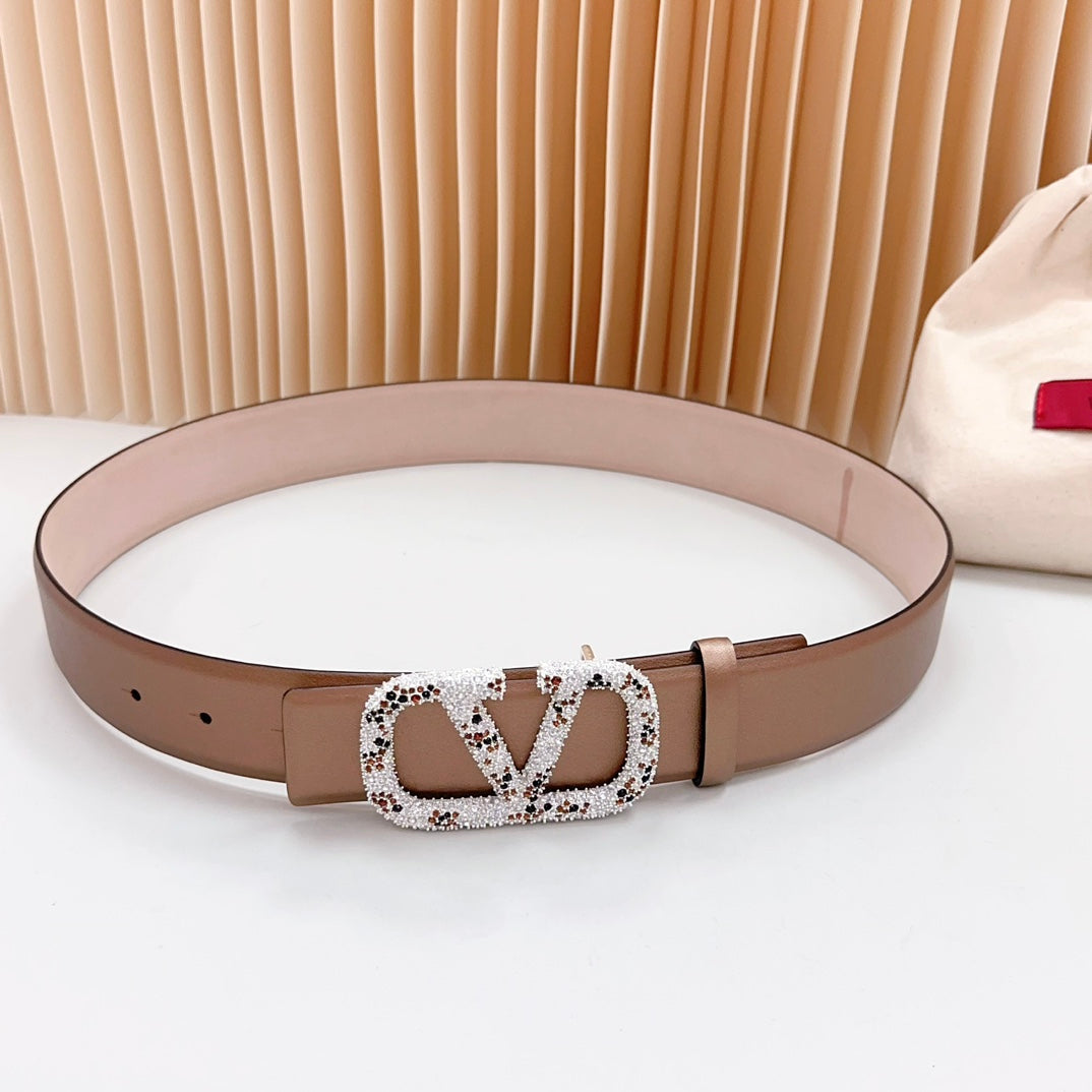 Vlogo Brown Black White Stone Silver Buckle Belt 40mm Brown Light Pink Leather - 30