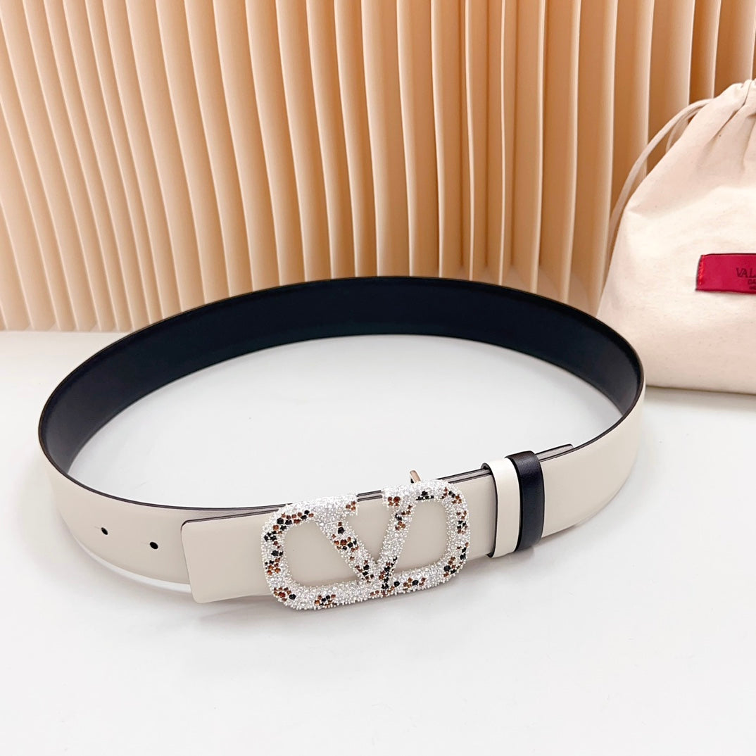 Vlogo Brown Black White Stone Silver Buckle Belt 40mm Black White Leather - 30