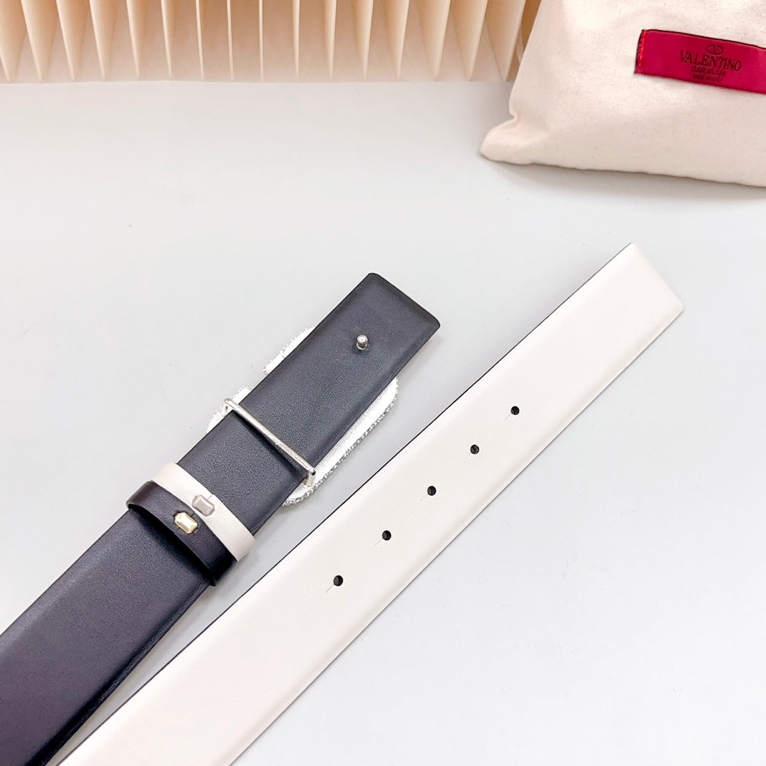 Vlogo Brown Black White Stone Silver Buckle Belt 40mm Black White Leather - 30