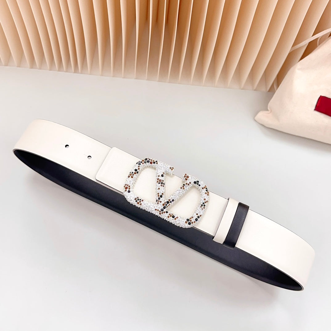 Vlogo Brown Black White Stone Silver Buckle Belt 40mm Black White Leather - 30
