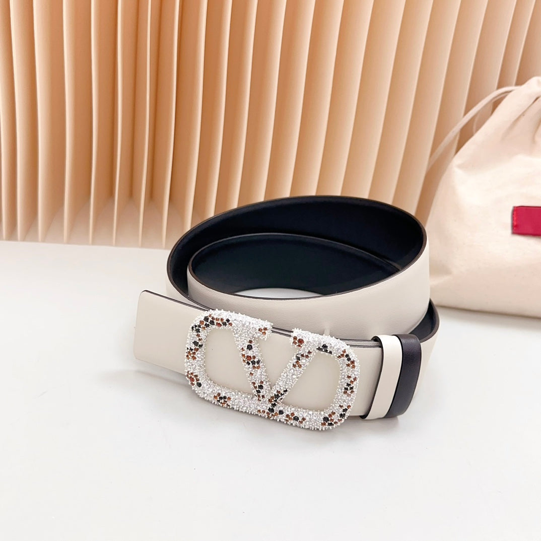 Vlogo Brown Black White Stone Silver Buckle Belt 40mm Black White Leather - 30