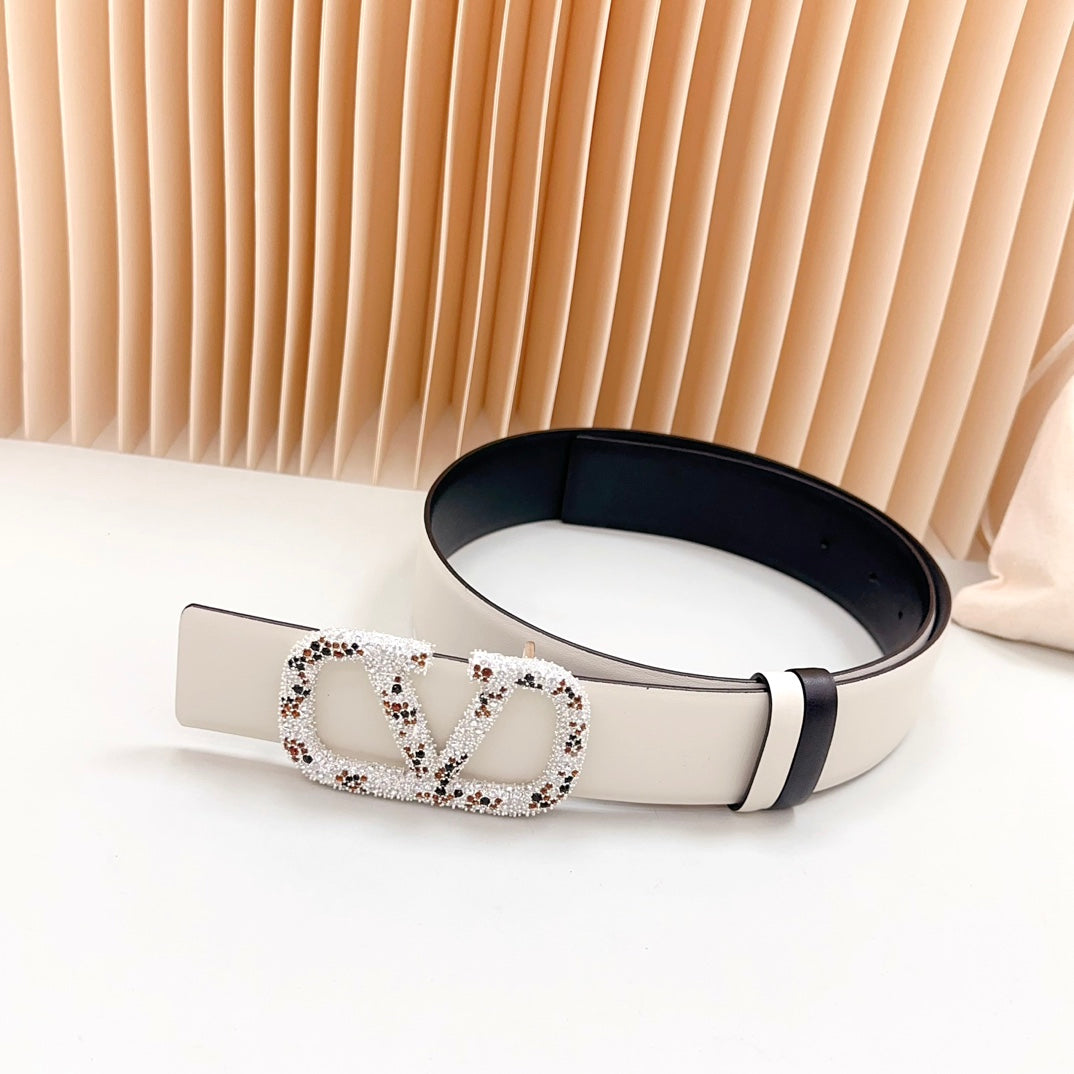 Vlogo Brown Black White Stone Silver Buckle Belt 40mm Black White Leather - 30