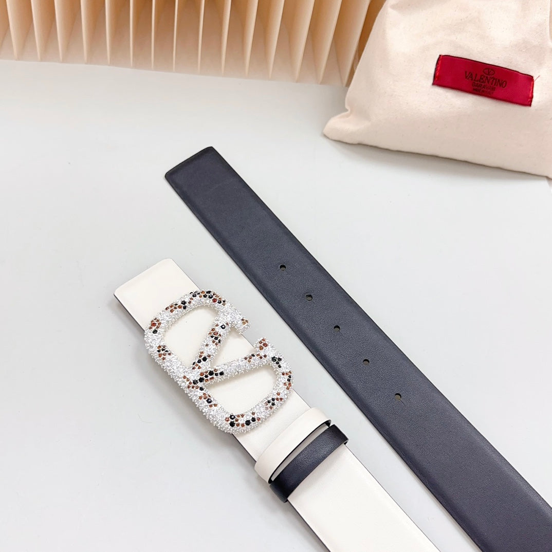 Vlogo Brown Black White Stone Silver Buckle Belt 40mm Black White Leather - 30