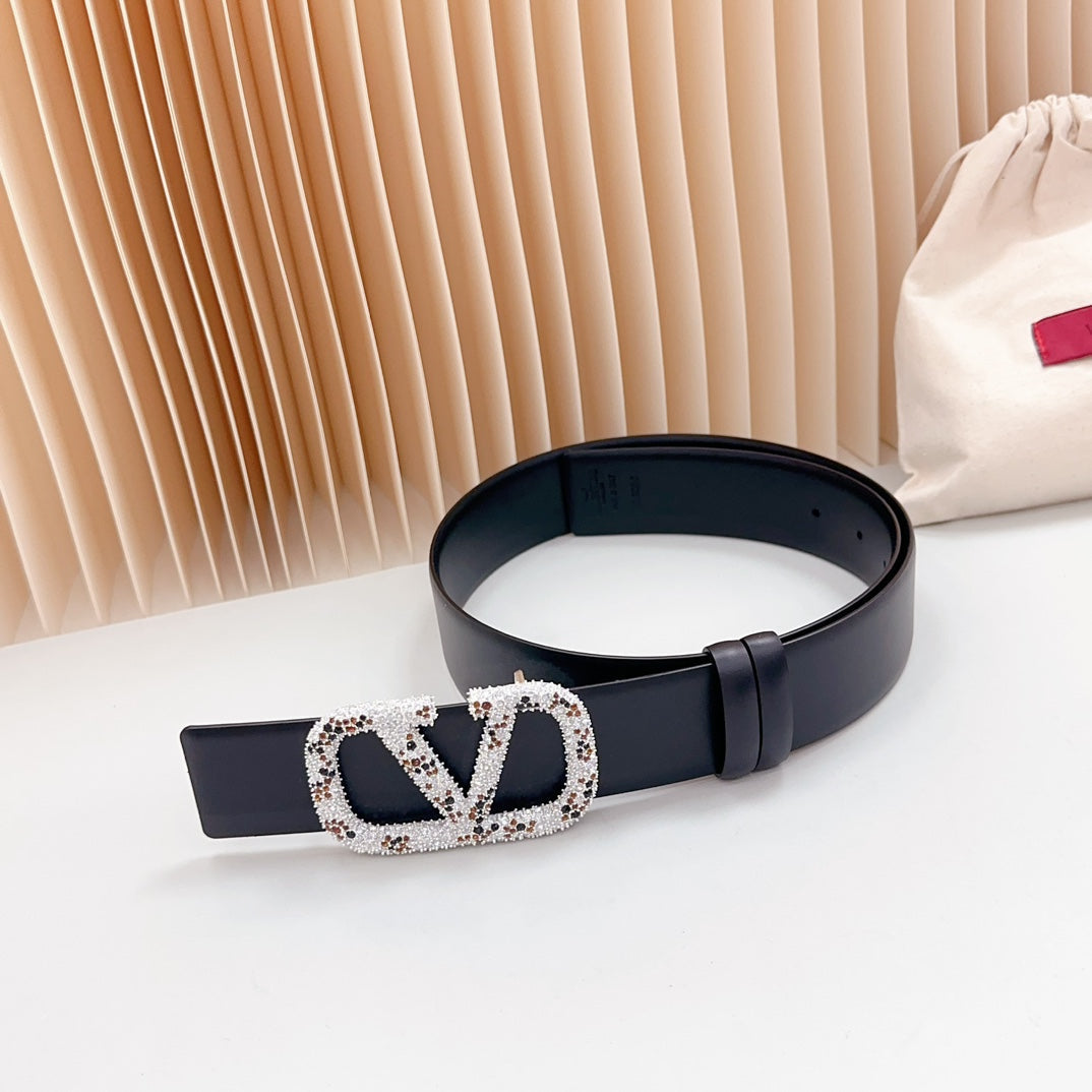 Vlogo Brown Black White Stone Silver Buckle Belt 40mm Black Leather - 30
