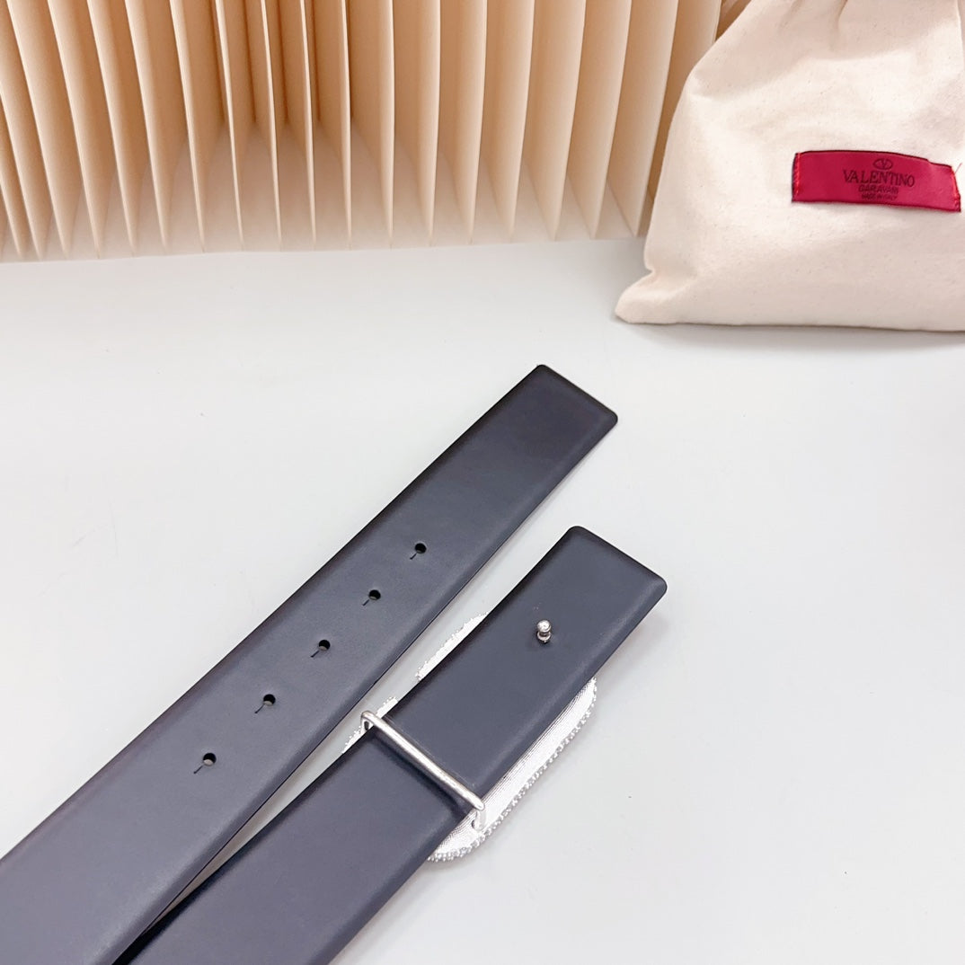 Vlogo Brown Black White Stone Silver Buckle Belt 40mm Black Leather - 30