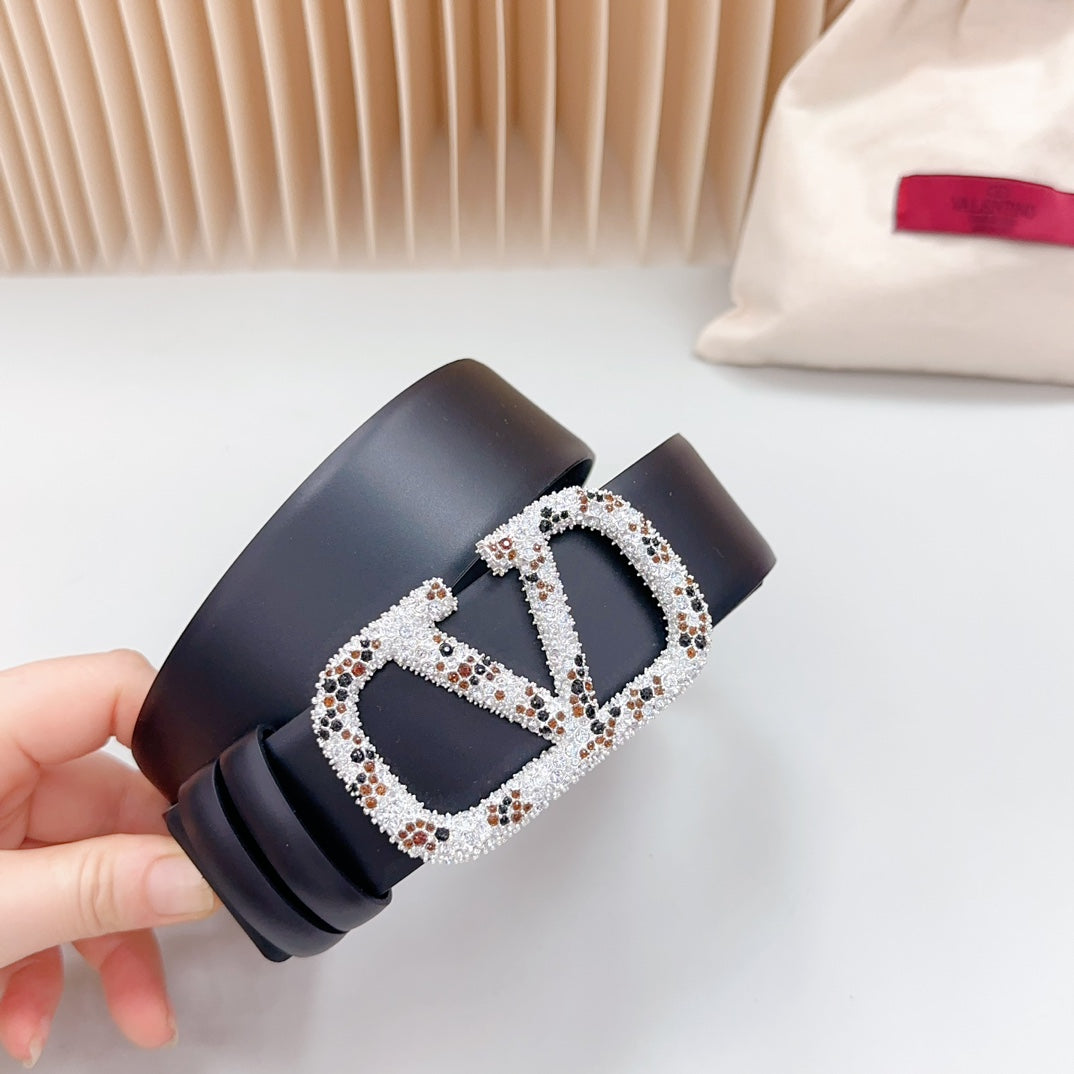 Vlogo Brown Black White Stone Silver Buckle Belt 40mm Black Leather - 30