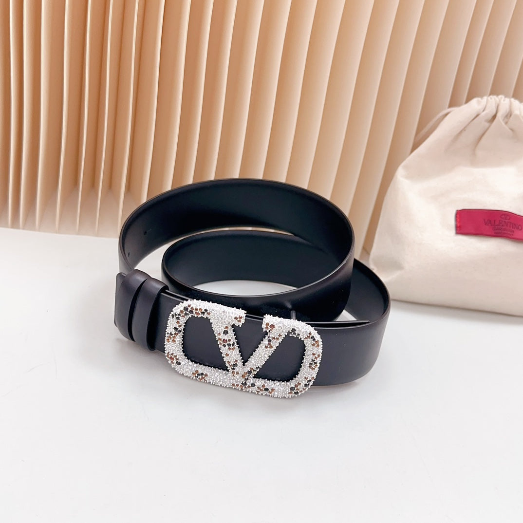Vlogo Brown Black White Stone Silver Buckle Belt 40mm Black Leather - 30