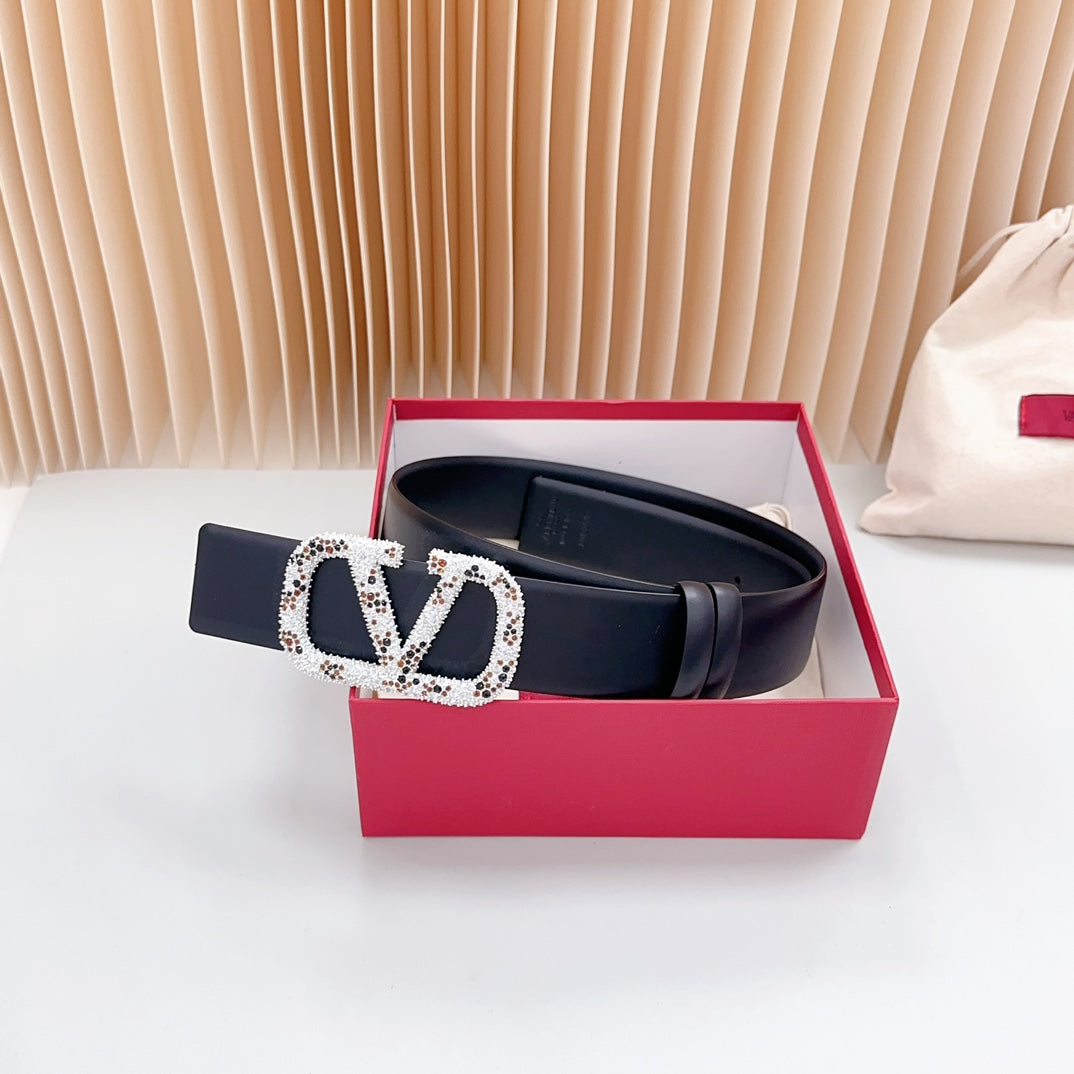 Vlogo Brown Black White Stone Silver Buckle Belt 40mm Black Leather - 30