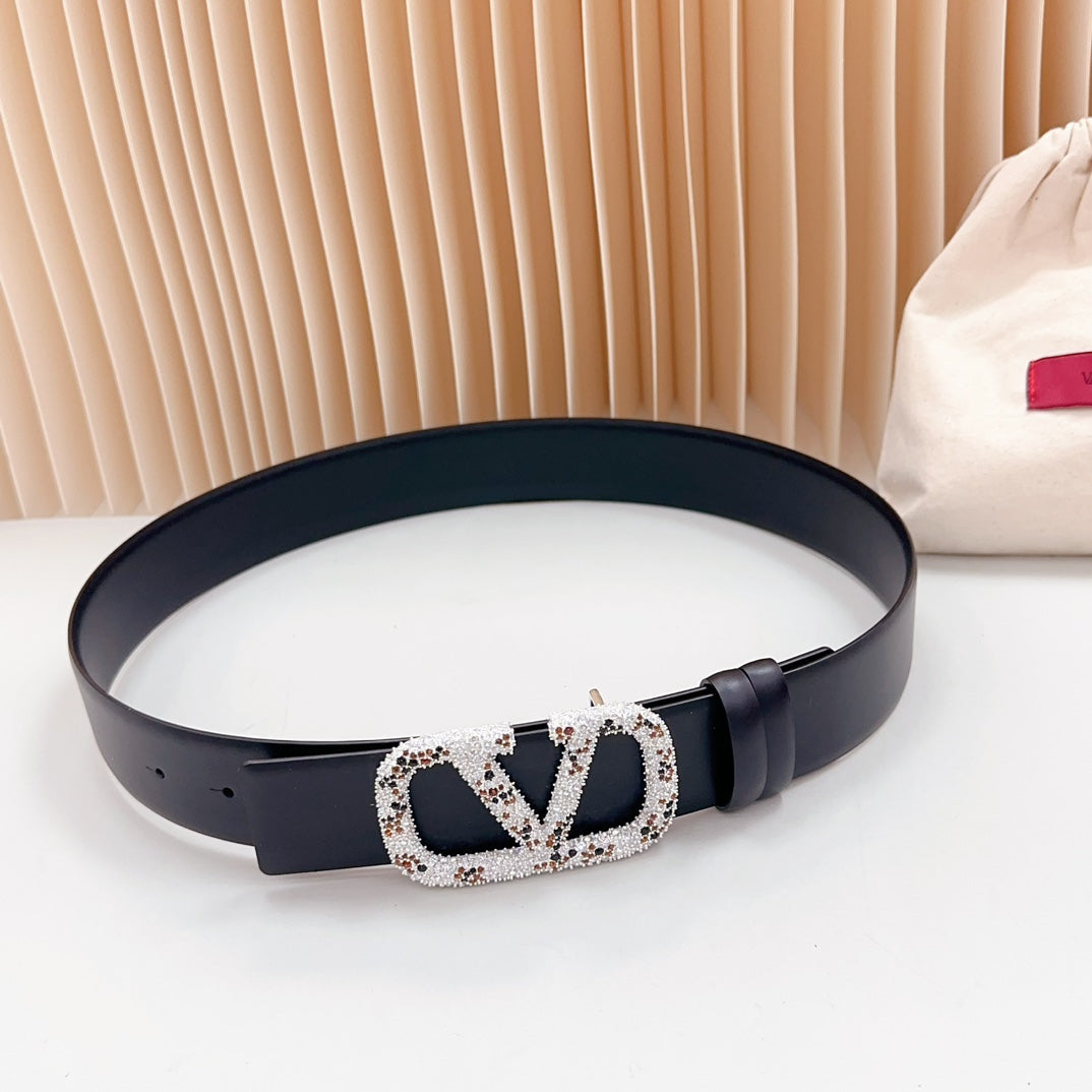 Vlogo Brown Black White Stone Silver Buckle Belt 40mm Black Leather - 30